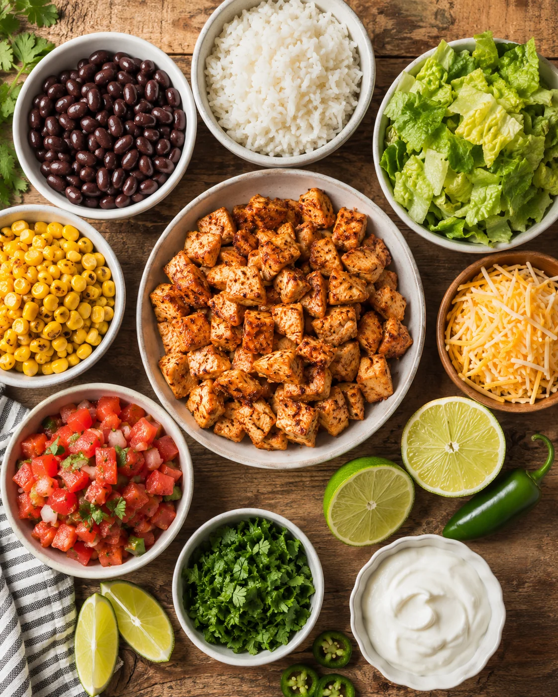 Colorful chicken burrito bowl with rice, beans, vegetables, and toppings