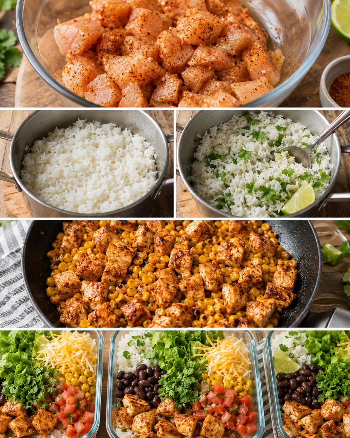 Colorful chicken burrito bowls filled with fresh toppings and cooked chicken.