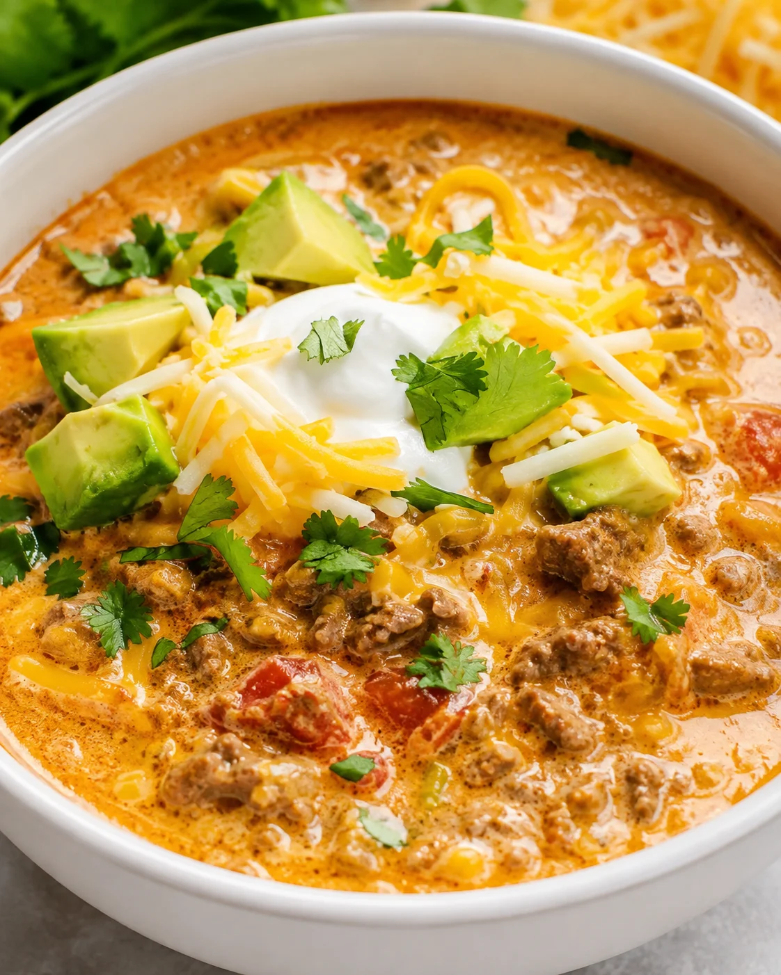 Creamy, cheesy keto taco soup with avocado, sour cream, and cilantro topping.