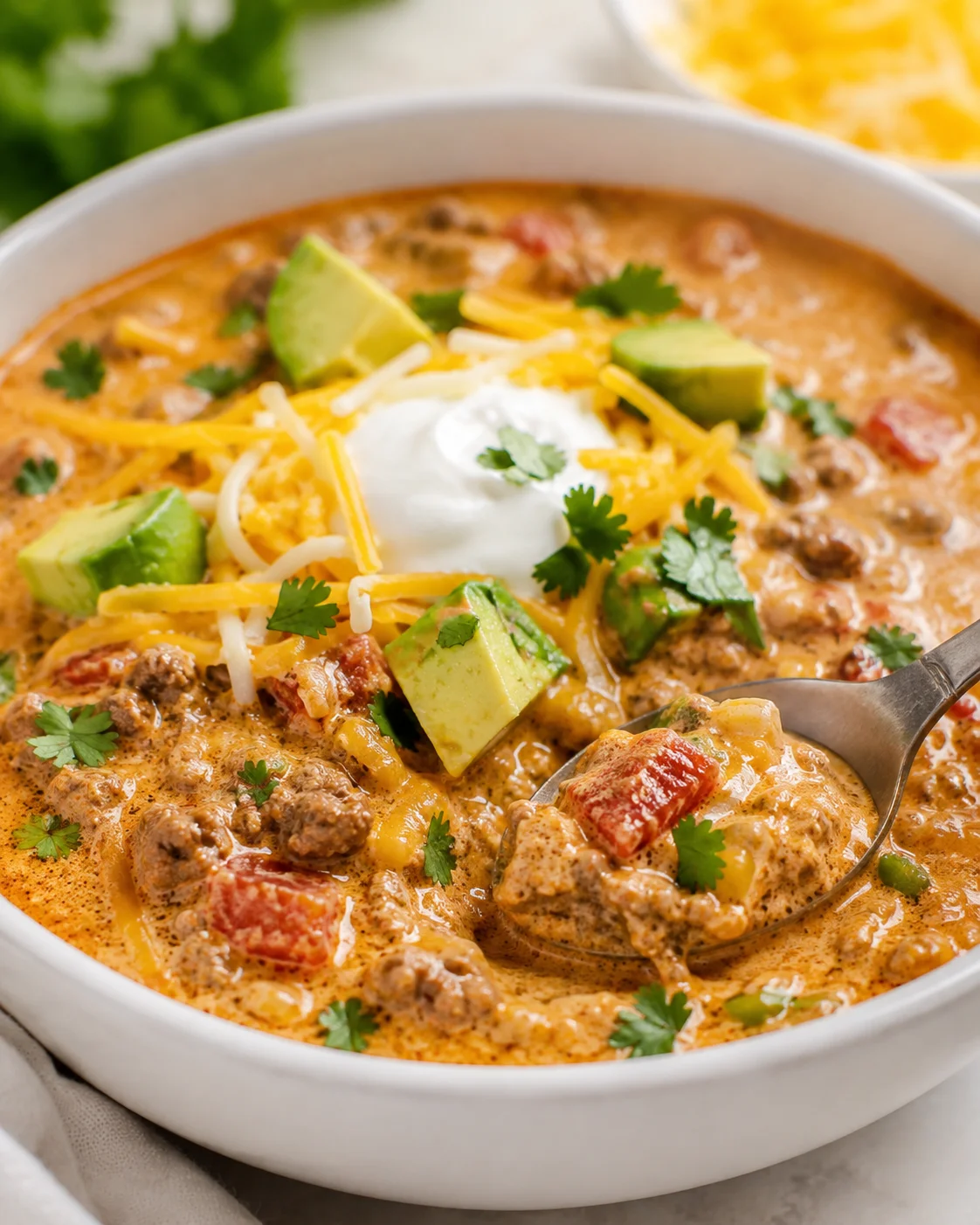 Creamy keto taco soup topped with avocado, cheese, and cilantro in a white bowl