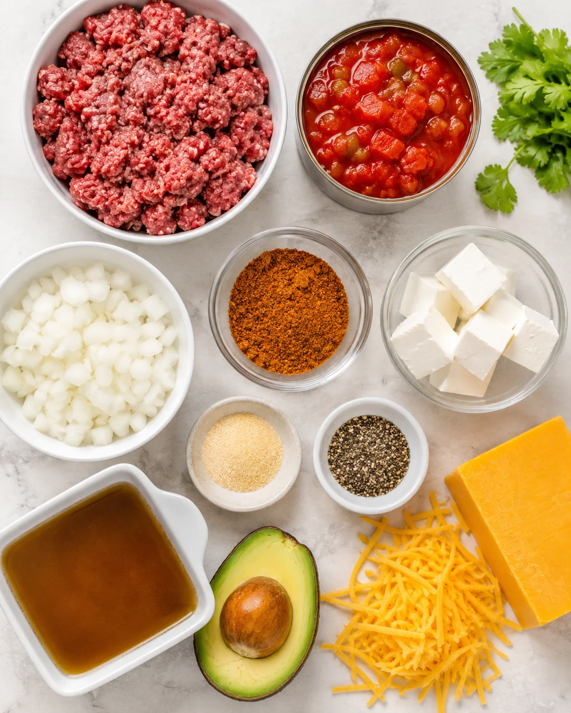 Ingredients for keto taco soup including ground beef, canned tomatoes, cheese, and spices.