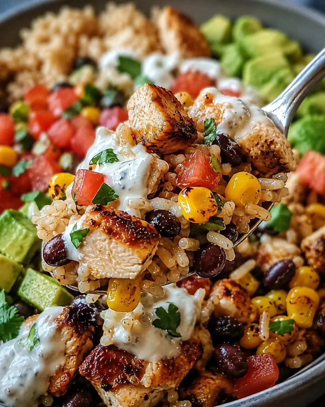 Close-up of a colorful chicken burrito bowl with fresh vegetables and rice.