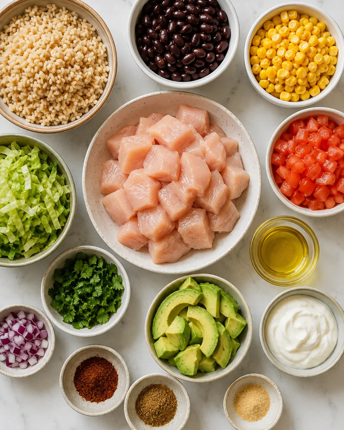 Colorful bowls with chicken, beans, corn, and fresh vegetables ready to make a burrito bowl