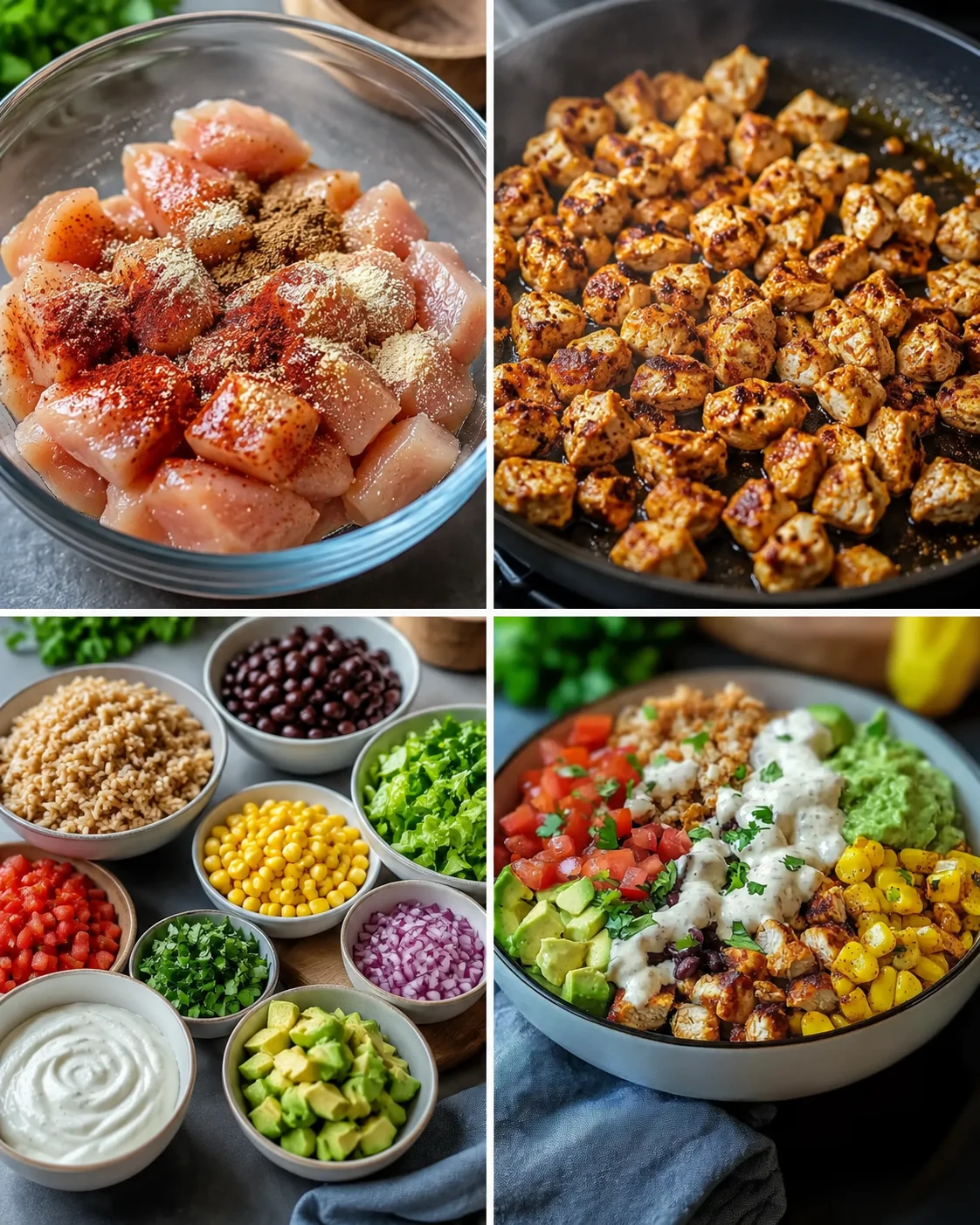 Colorful chicken burrito bowl with fresh vegetables and toppings on a white plate