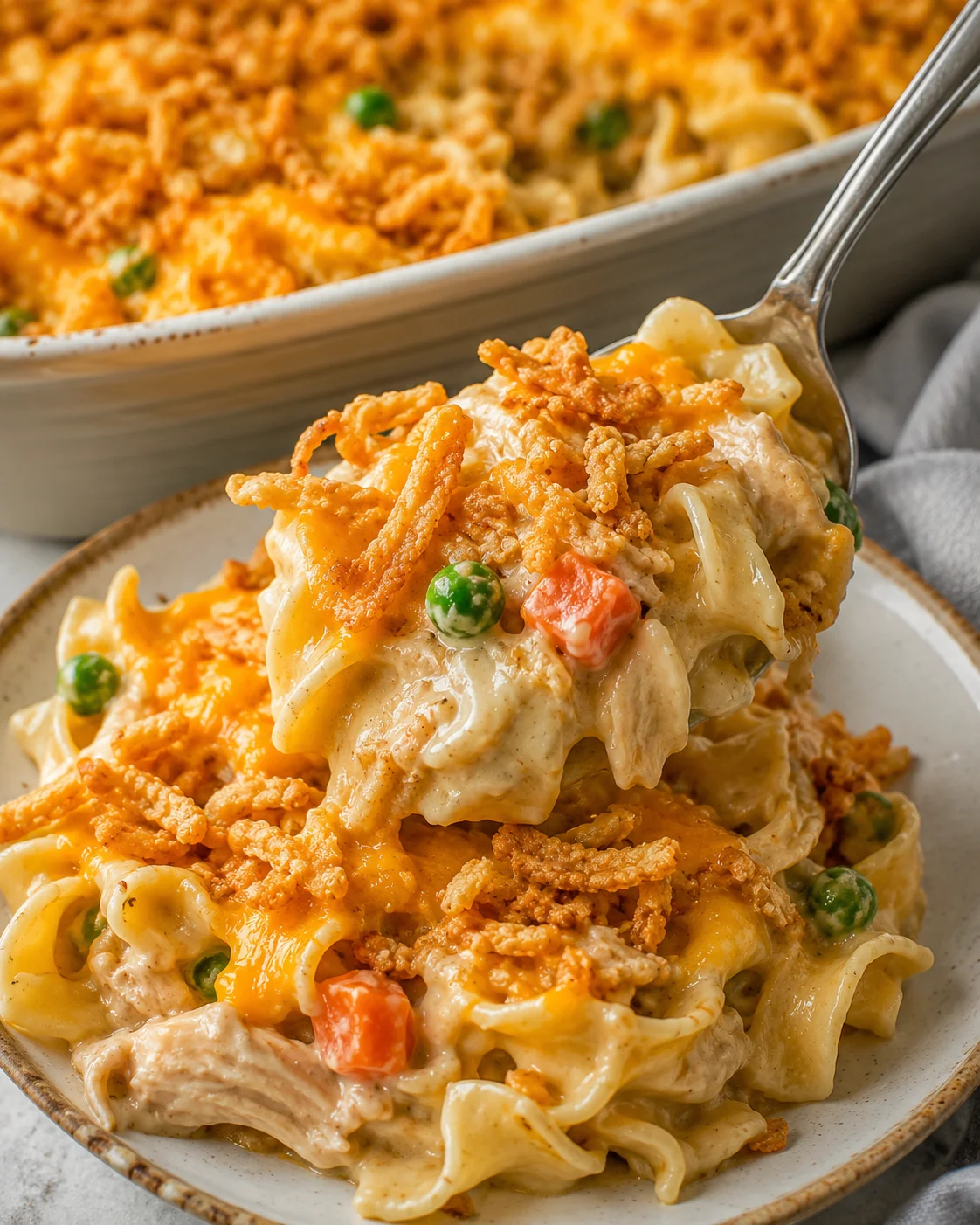 Delicious creamy chicken noodle casserole with vegetables and crispy topping