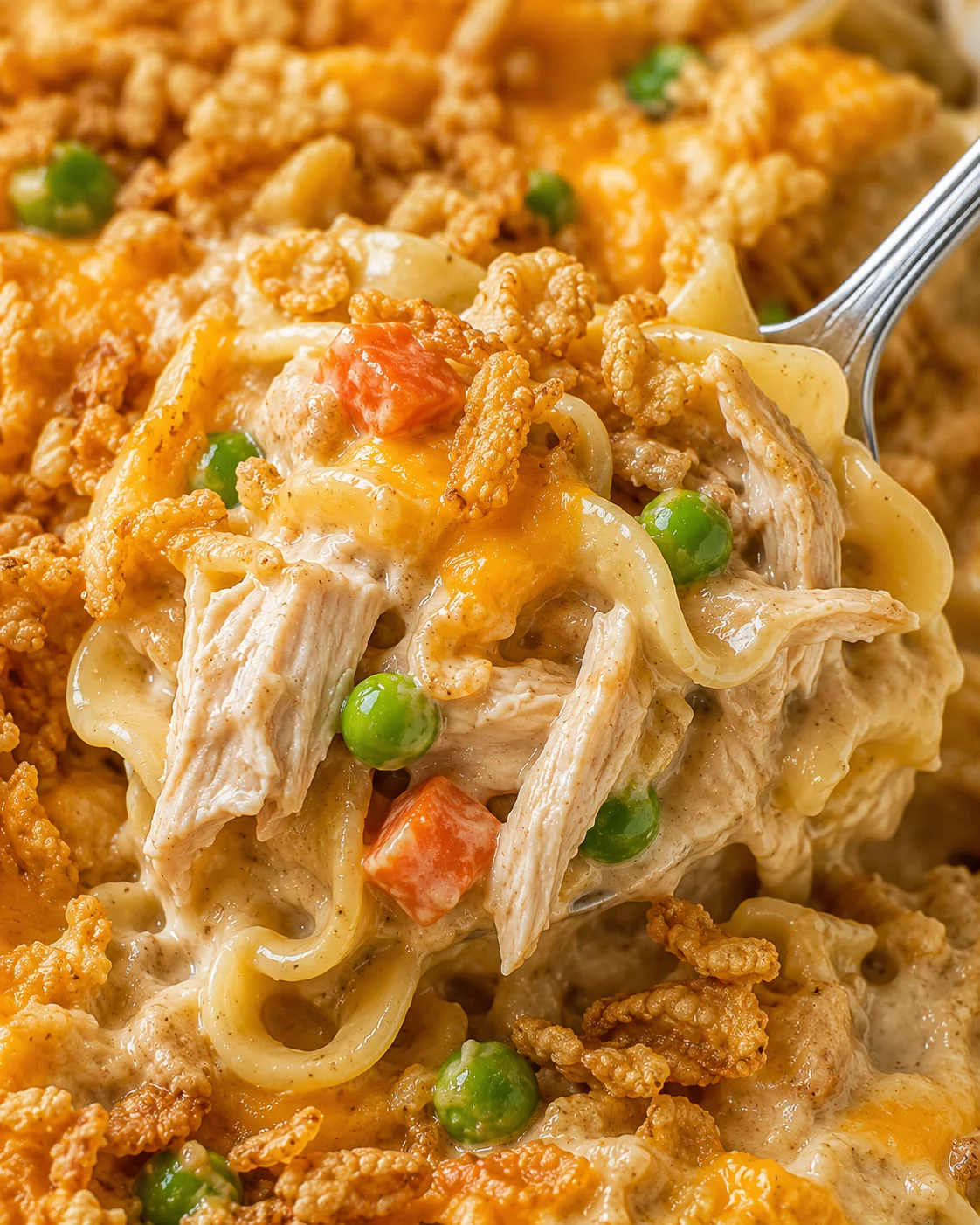 Close-up of a creamy chicken noodle casserole with peas, carrots, and fried onions
