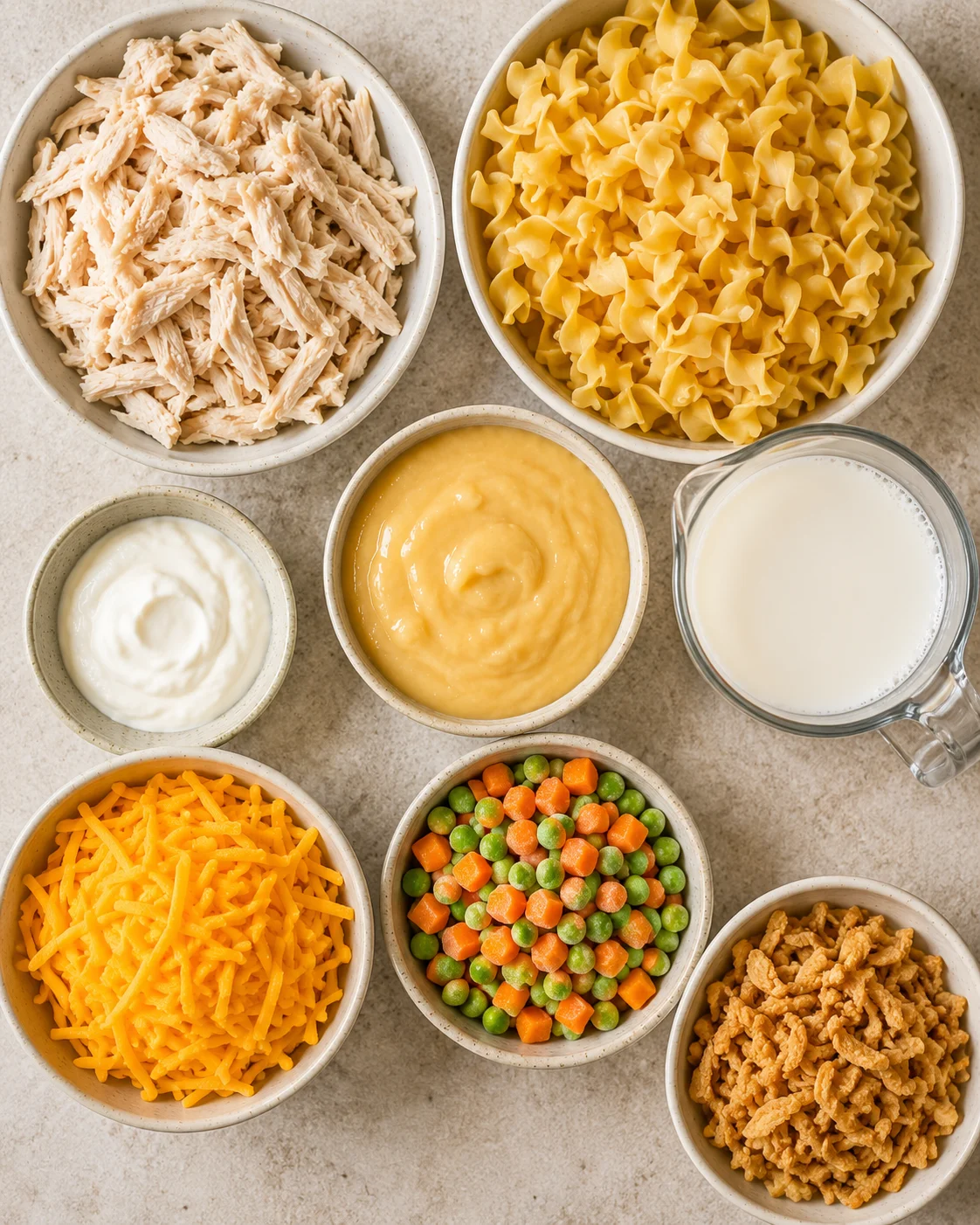 Bowl of cooked shredded chicken, egg noodles, peas, carrots, and cheese ready for baking.