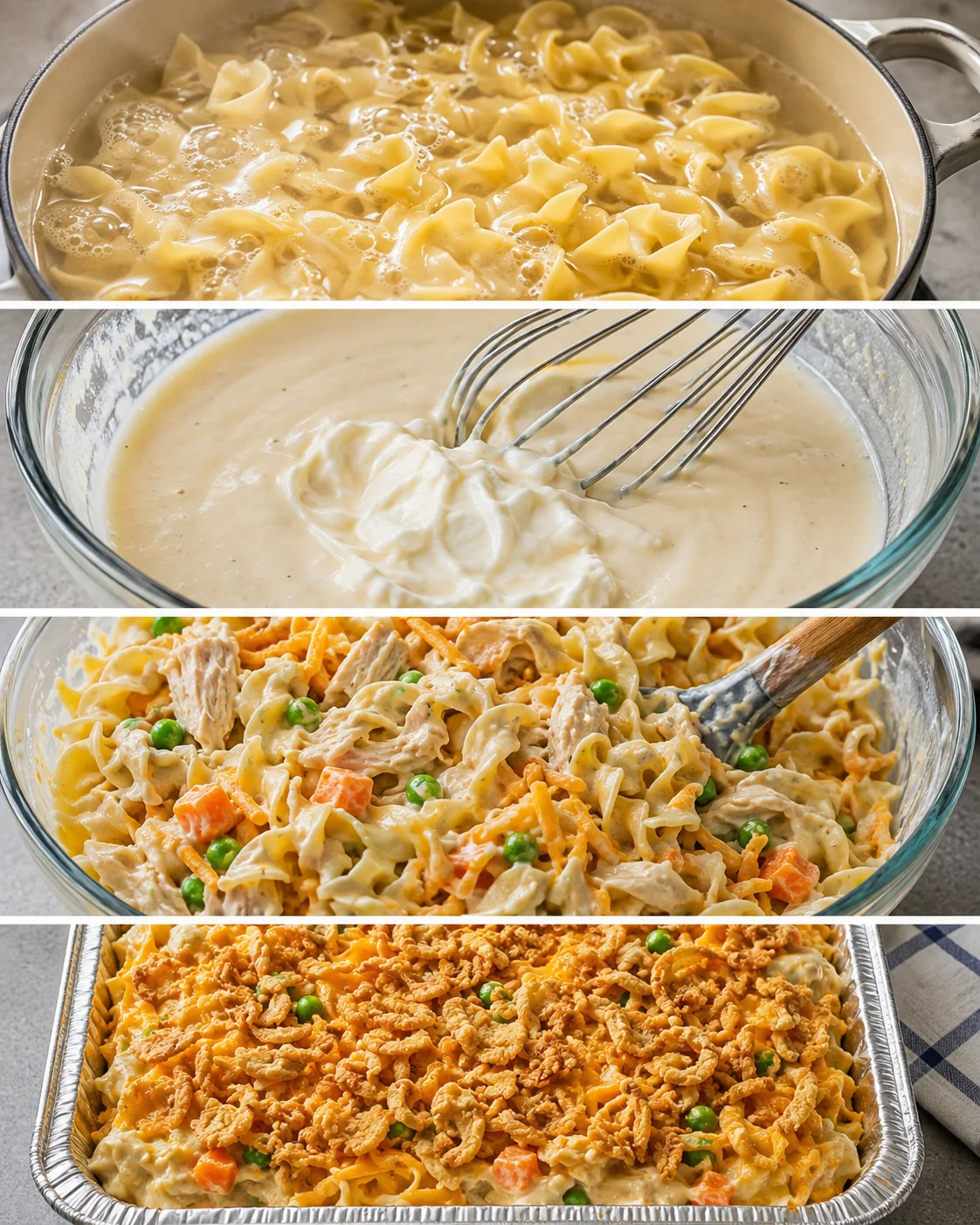 Creamy chicken noodle casserole topped with crispy fried onions and cheese.