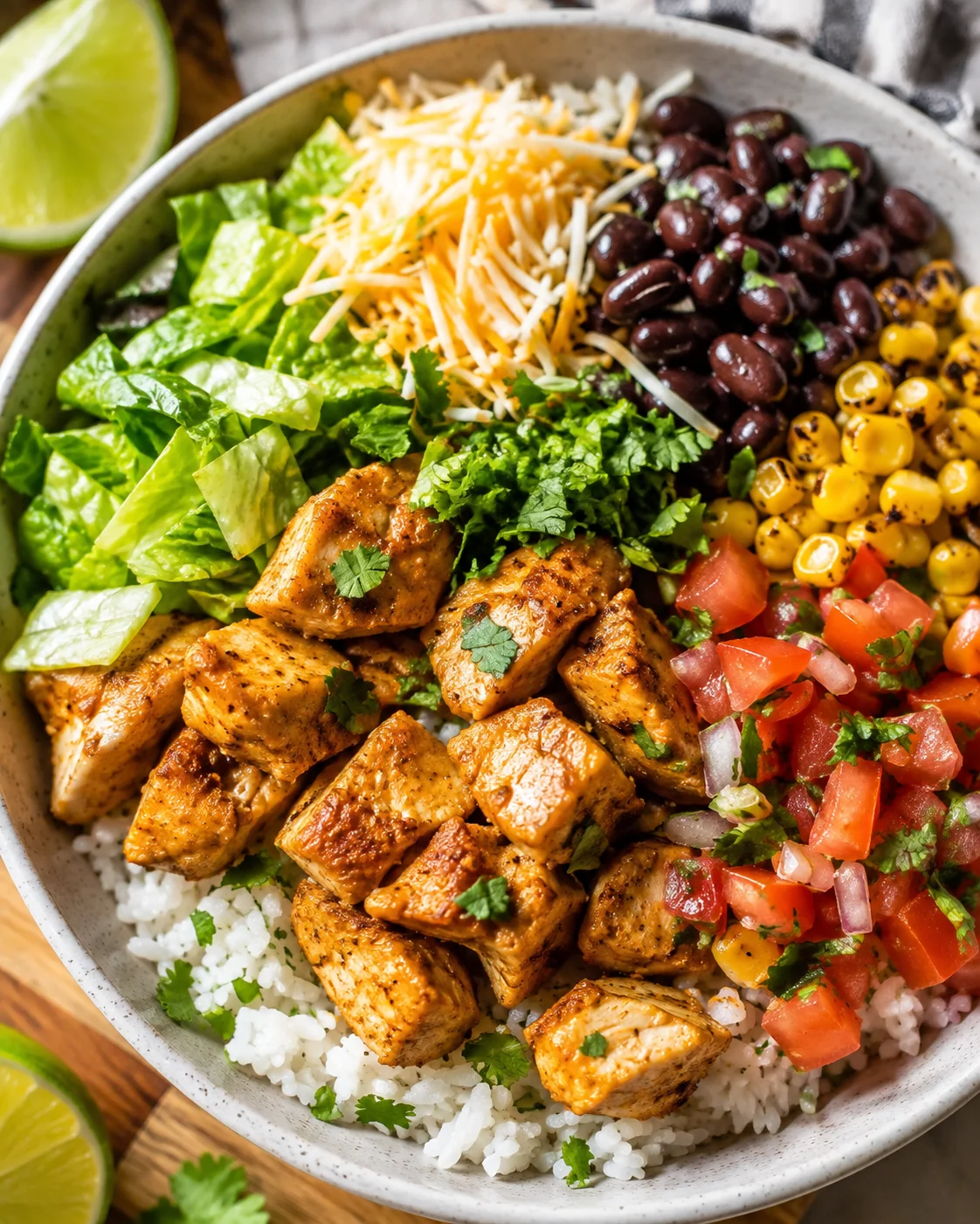 Colorful chicken burrito bowl with rice, beans, vegetables, and cheese on a plate.