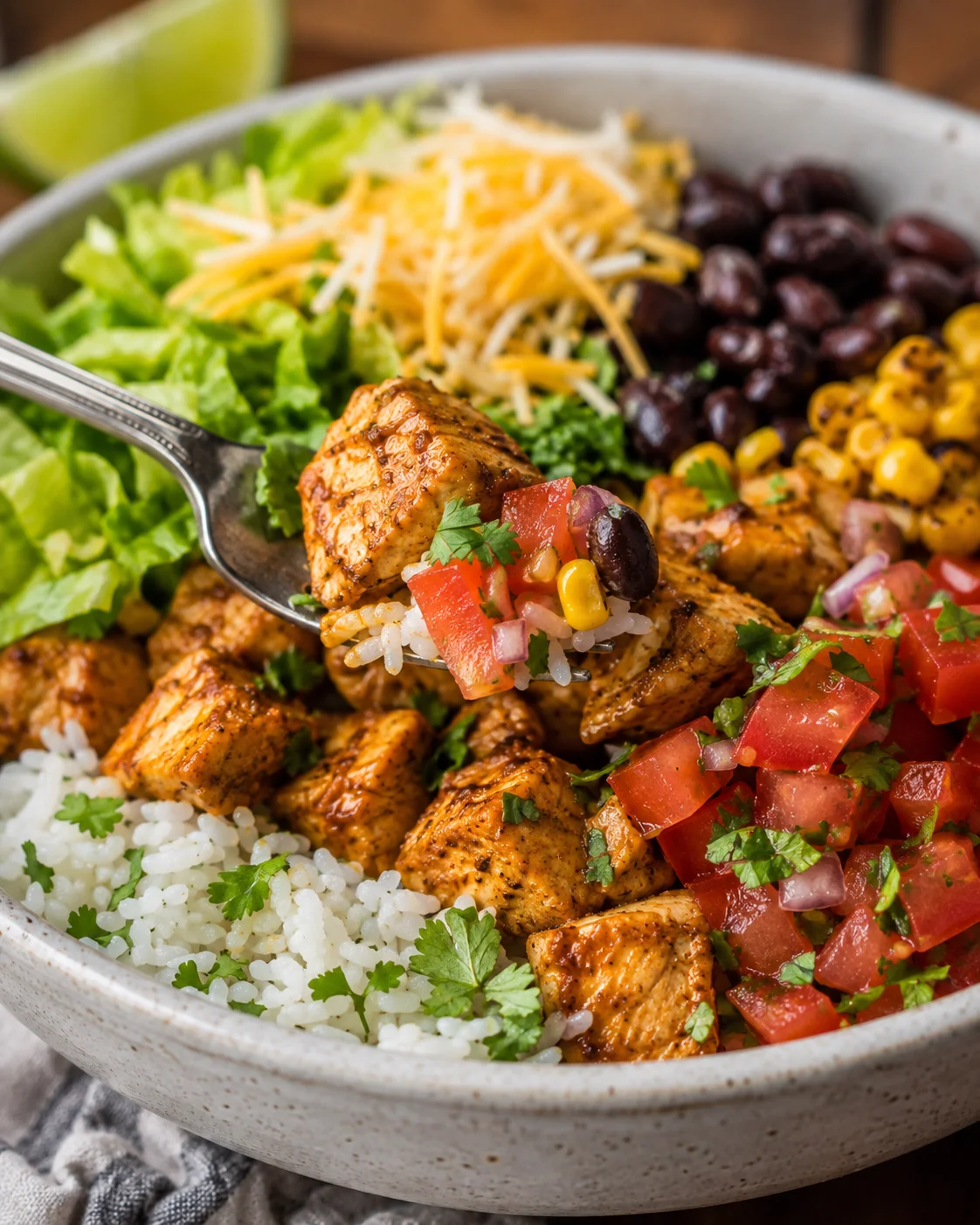 Colorful and fresh chicken burrito bowl with rice, vegetables, and toppings