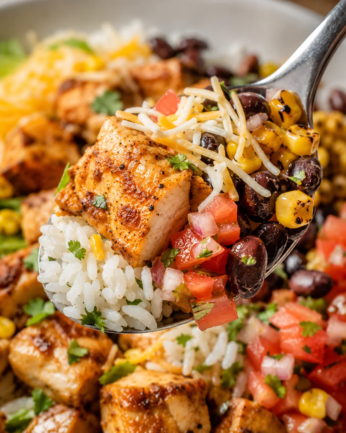 Close-up of a colorful chicken burrito bowl with vegetables, rice, and cheese on a spoon