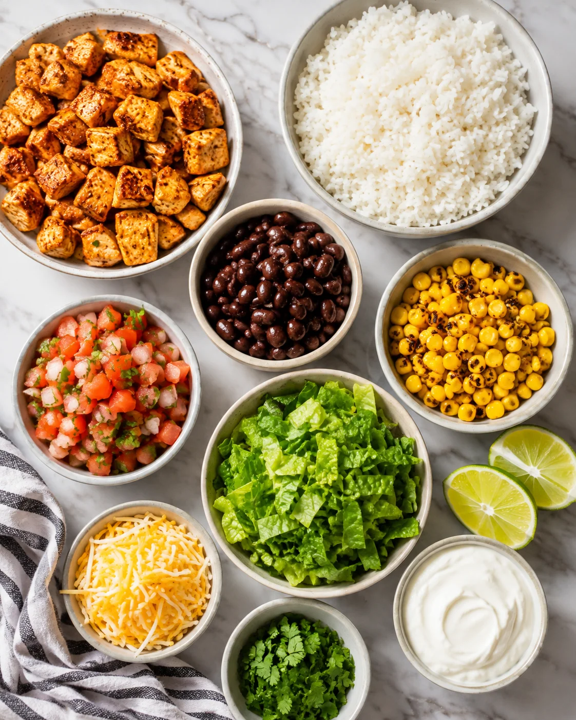Colorful chicken burrito bowl with rice, beans, vegetables, and toppings on a marble surface.