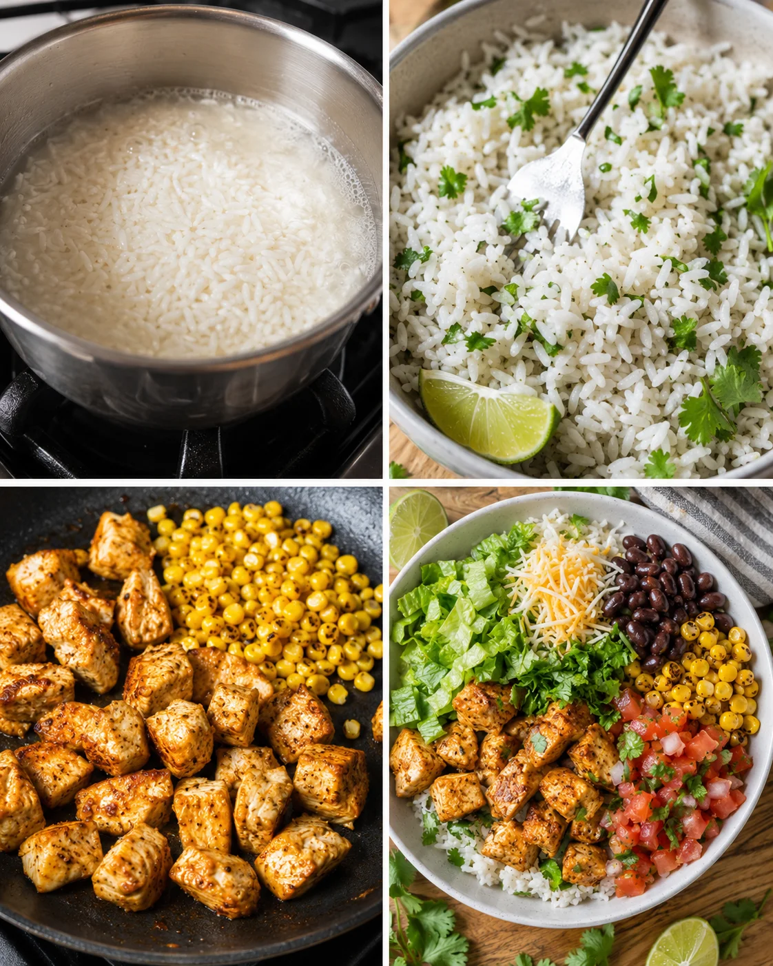 Colorful and fresh chicken burrito bowl with rice, chicken, and toppings.