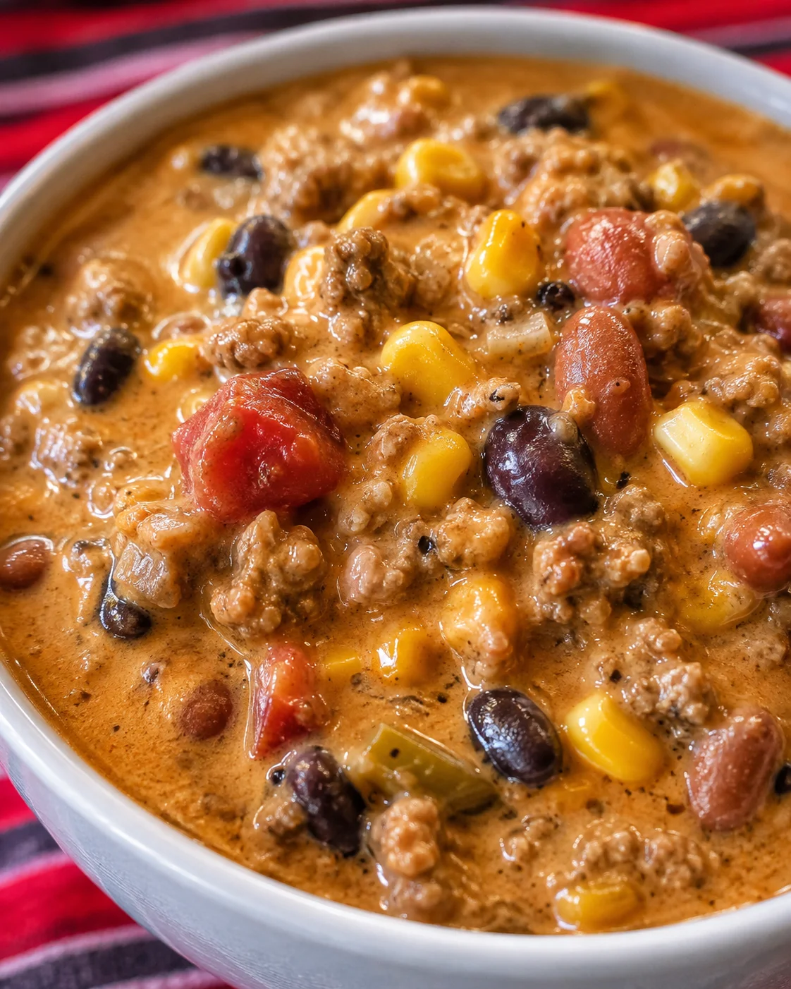 Close-up of a bowl of creamy taco soup with vegetables and ground meat.