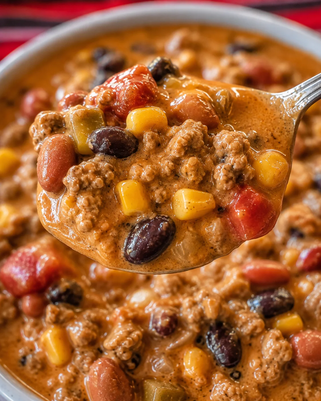 Close-up of hearty creamy taco soup with beans, corn, and ground meat in a bowl