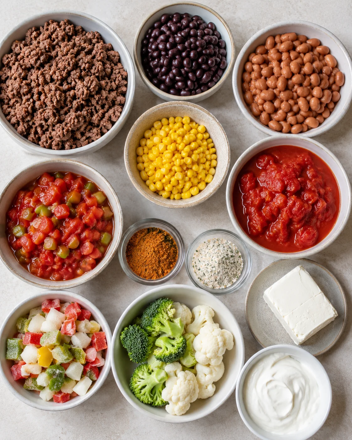 Assorted bowls of ingredients for creamy taco soup including ground beef, beans, vegetables, and dairy products.