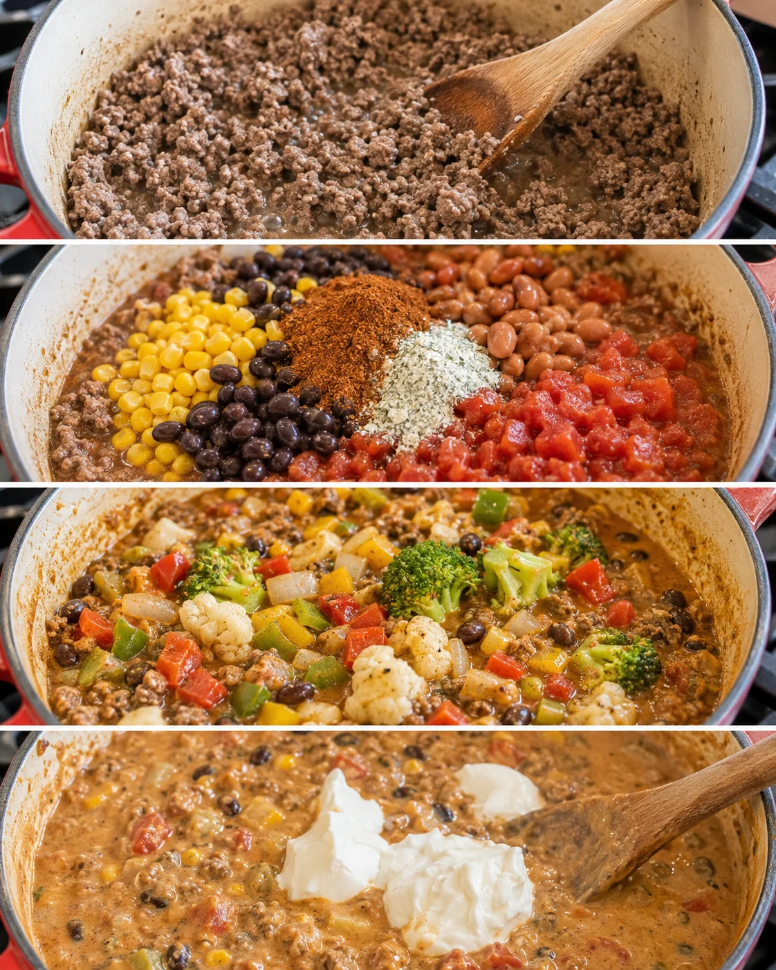 A hearty, creamy taco soup in a pot with colorful vegetables and ground meat.