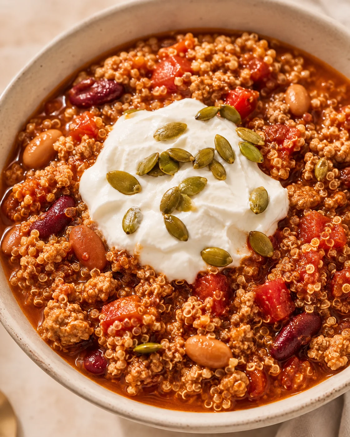 A bowl of turkey quinoa chili topped with Greek yogurt and pumpkin seeds.