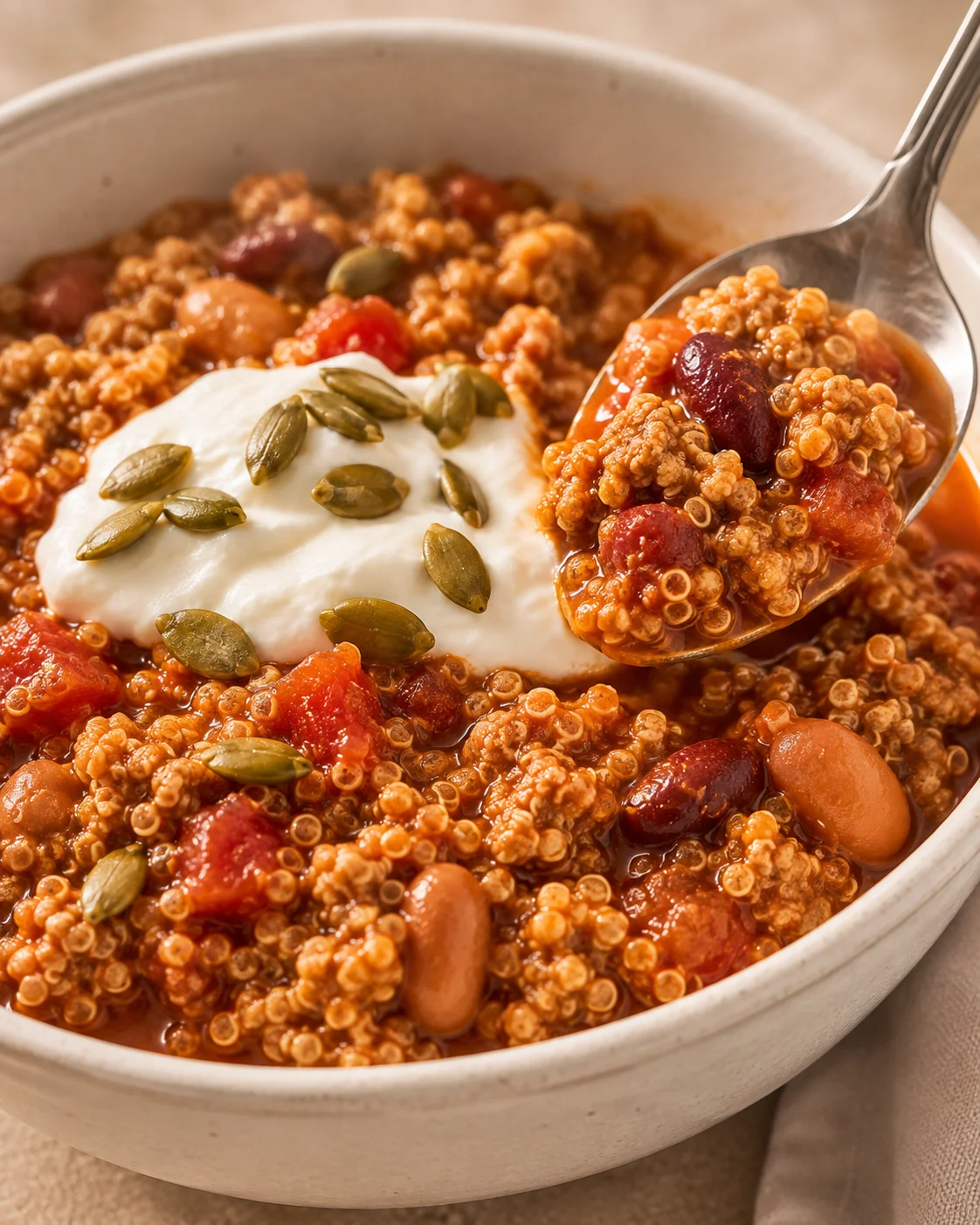 A hearty bowl of turkey chili topped with yogurt and pumpkin seeds, vibrant and flavorful.