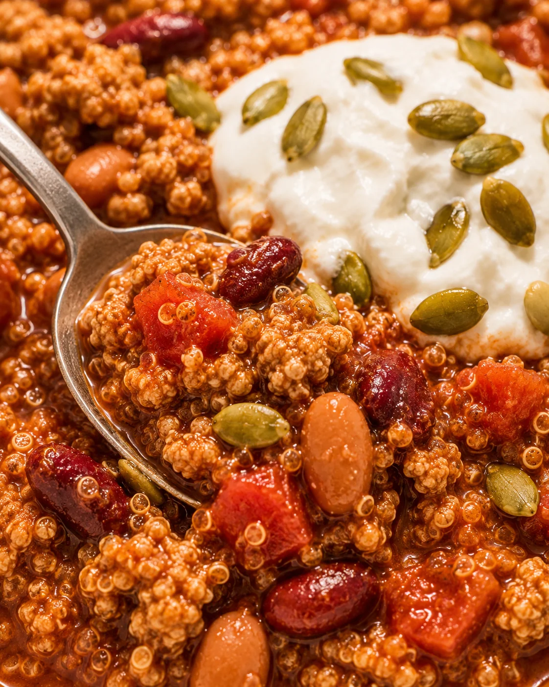 Close-up of savory turkey chili topped with yogurt and pumpkin seeds.
