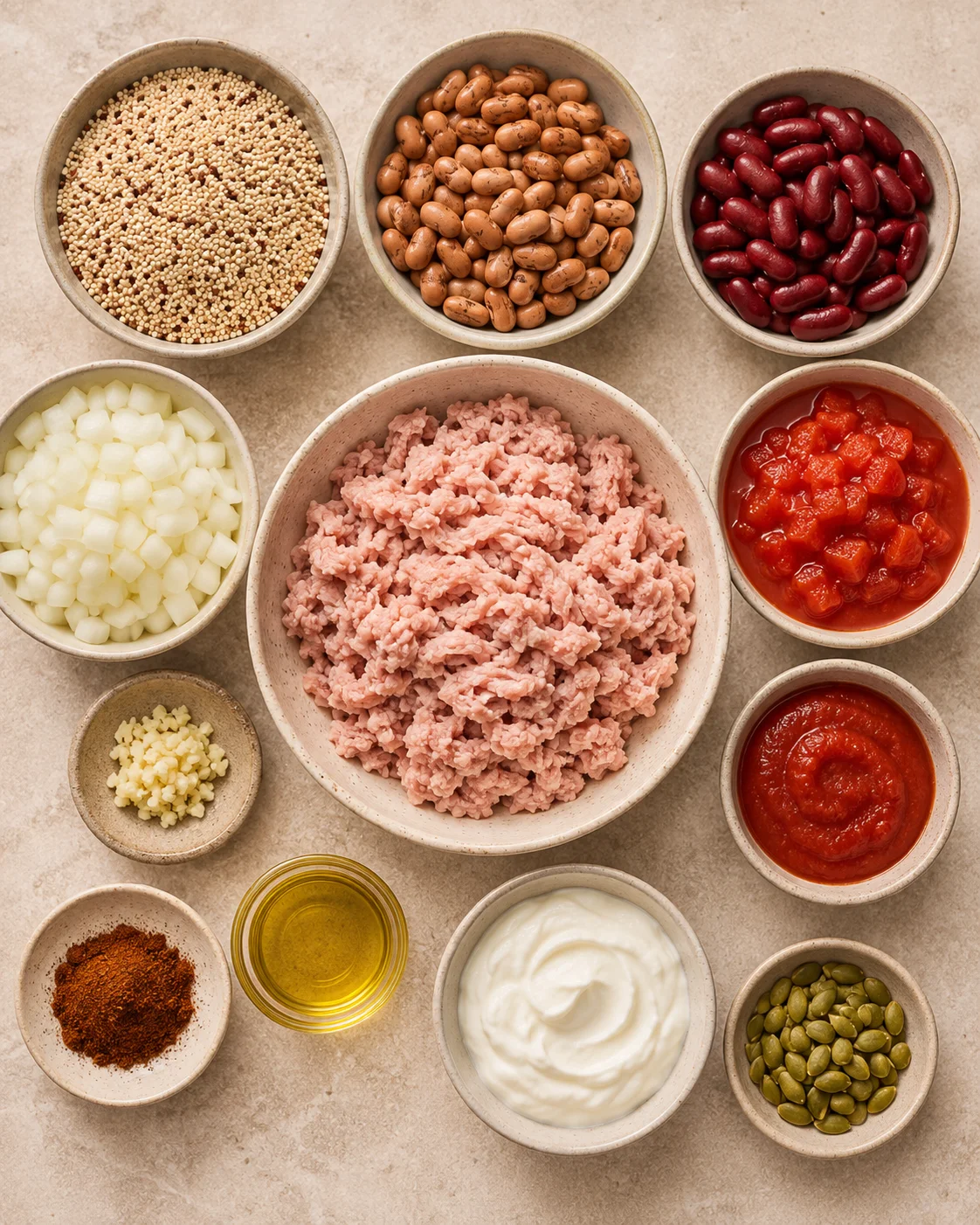 Assorted bowls with beans, turkey, quinoa, and seasonings for chili.