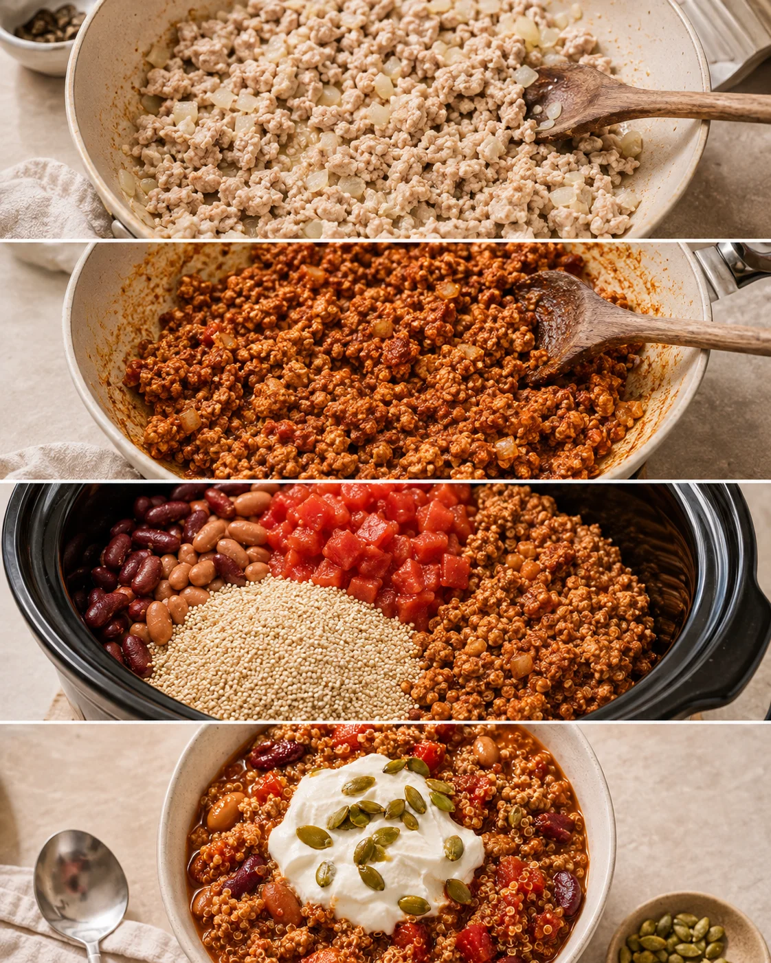 Delicious bowl of protein-packed turkey chili topped with yogurt and pumpkin seeds.
