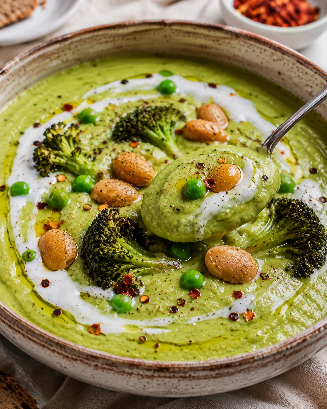 Close-up of a creamy green vegetable soup topped with beans, broccoli, and yogurt
