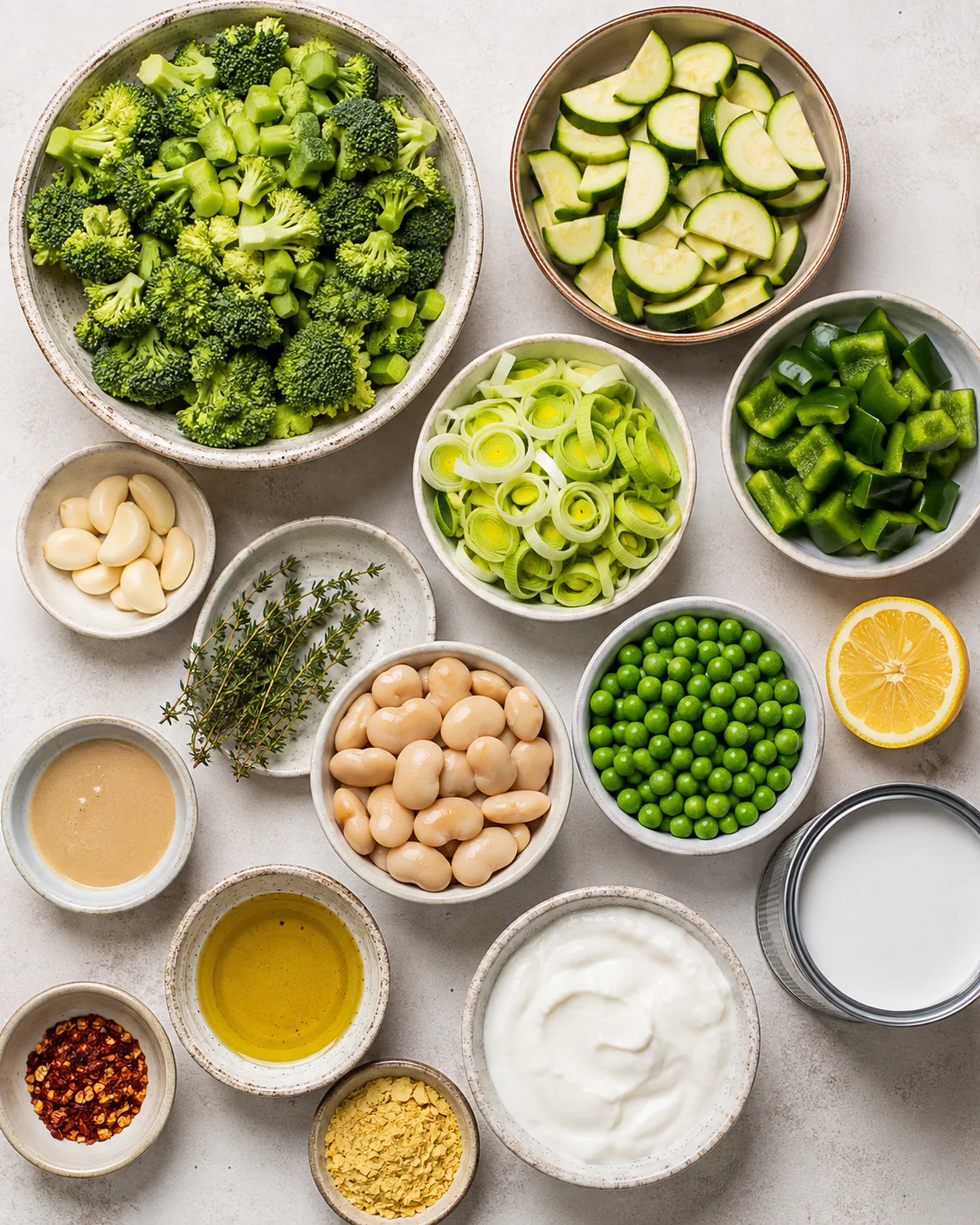 Bowl of vibrant roasted broccoli, zucchini, leeks, and white beans with herbs