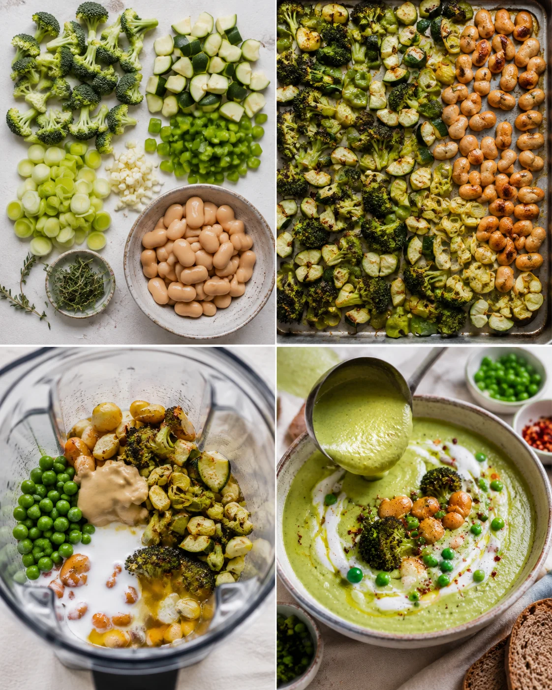 Preparation of vibrant green vegetables and beans for vegan soup recipe.