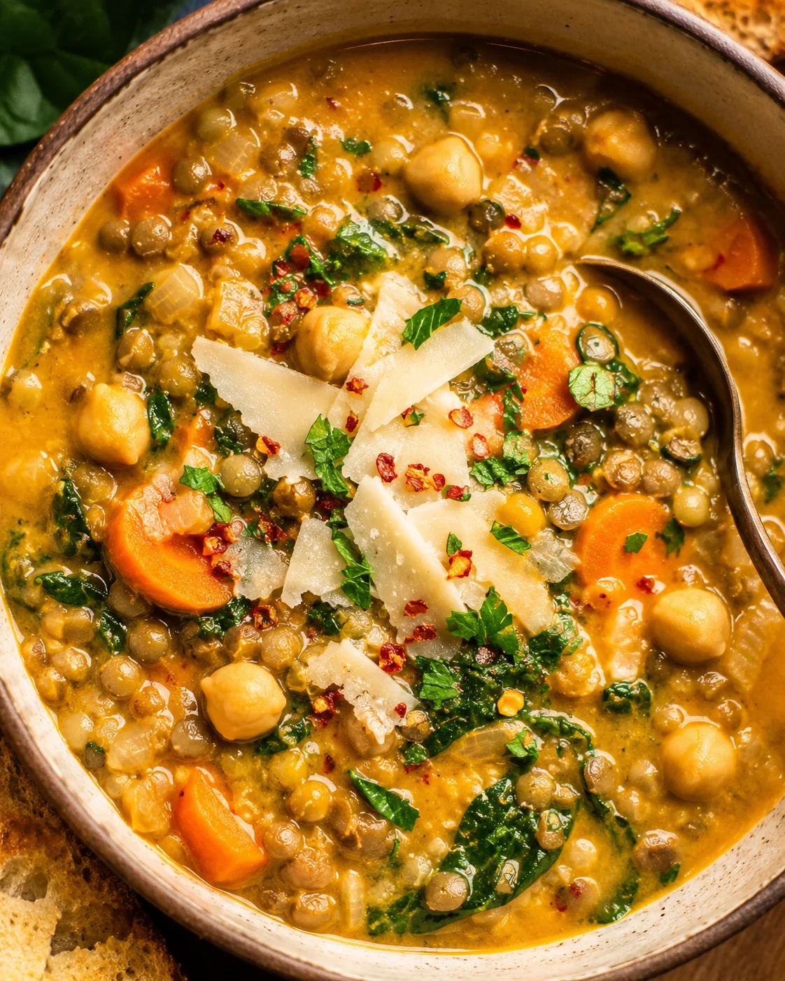 Creamy, hearty lentil soup with vegetables and herbs in a rustic bowl.