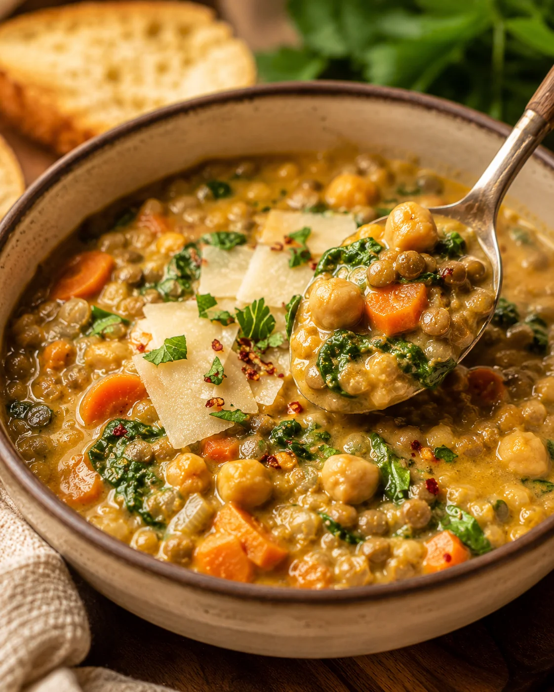 Creamy vegan lentil soup with carrots, spinach, and coconut milk served in a bowl.