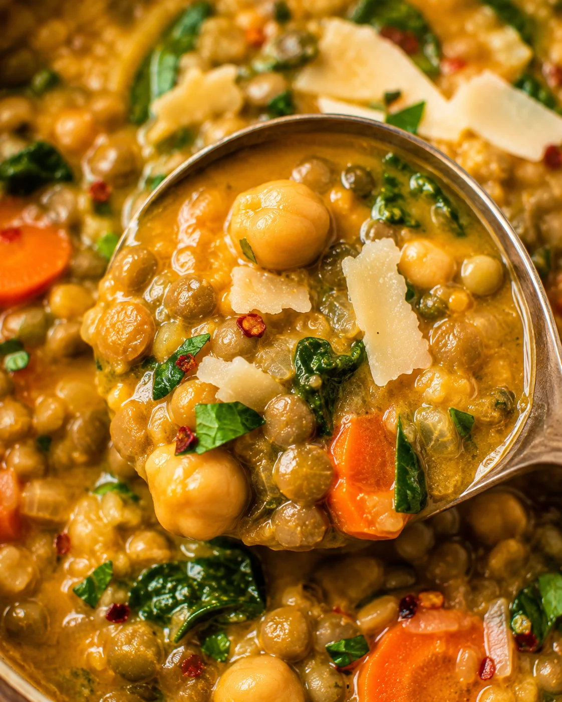 Close-up of hearty vegan lentil soup with chickpeas, spinach, and tomatoes in a bowl.