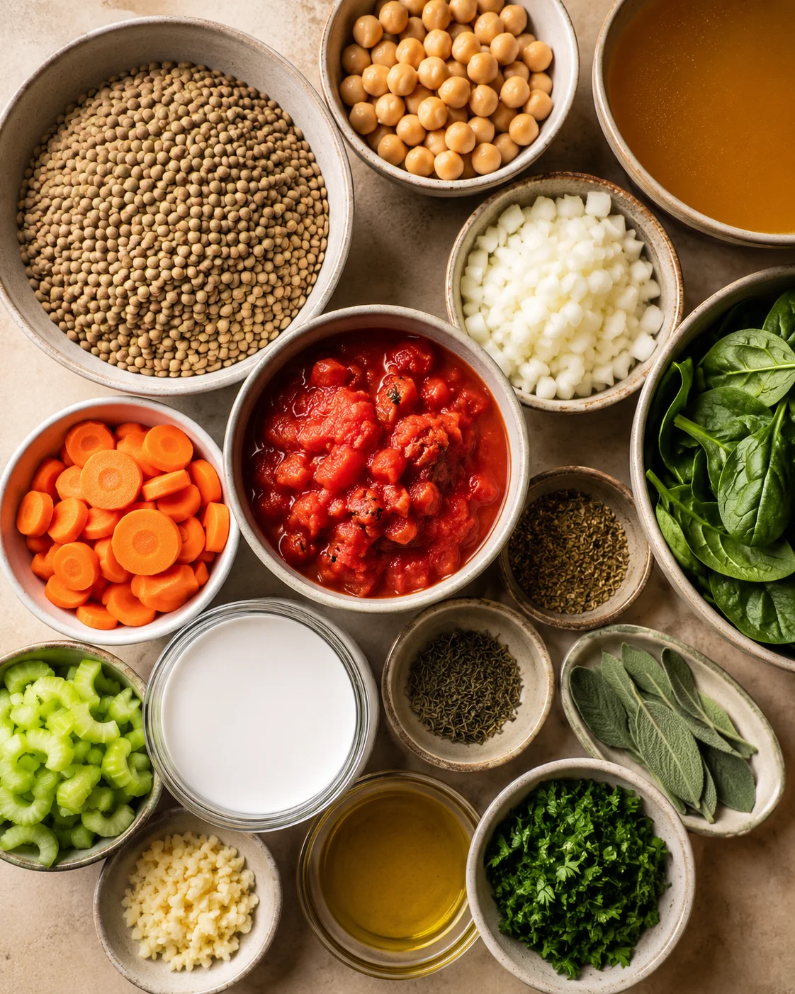 Colorful bowls of lentils, chickpeas, vegetables, and herbs for hearty soup
