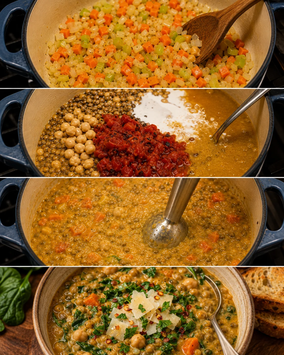 Colorful step-by-step images of preparing hearty vegan lentil soup with vegetables and herbs.