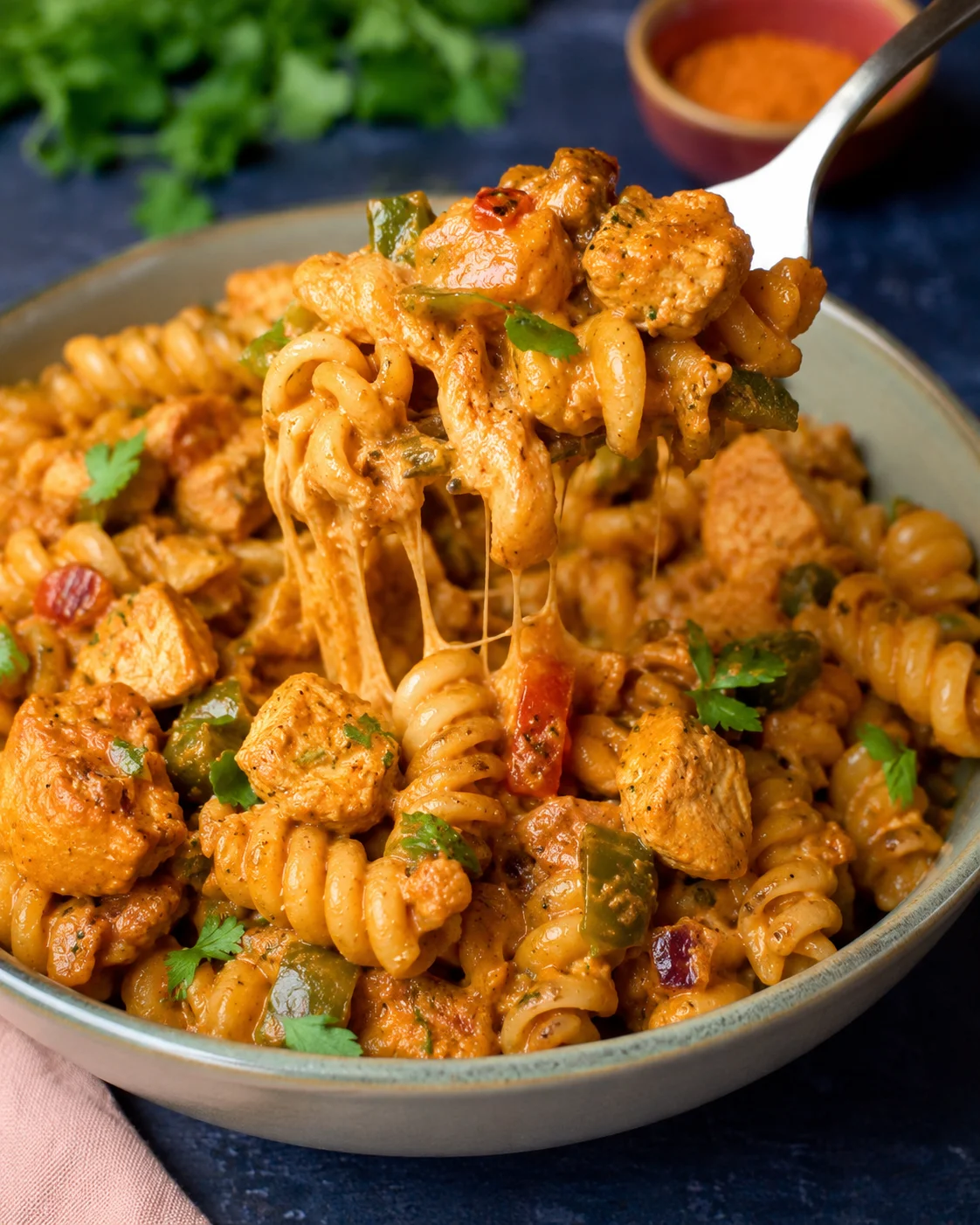 Creamy and colorful chicken fajita pasta with peppers and high-protein noodles