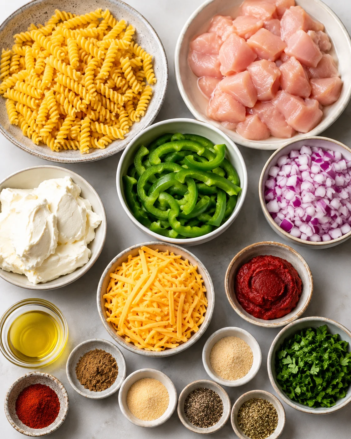 Colorful bowls of high-protein ingredients for chicken fajita pasta dish.