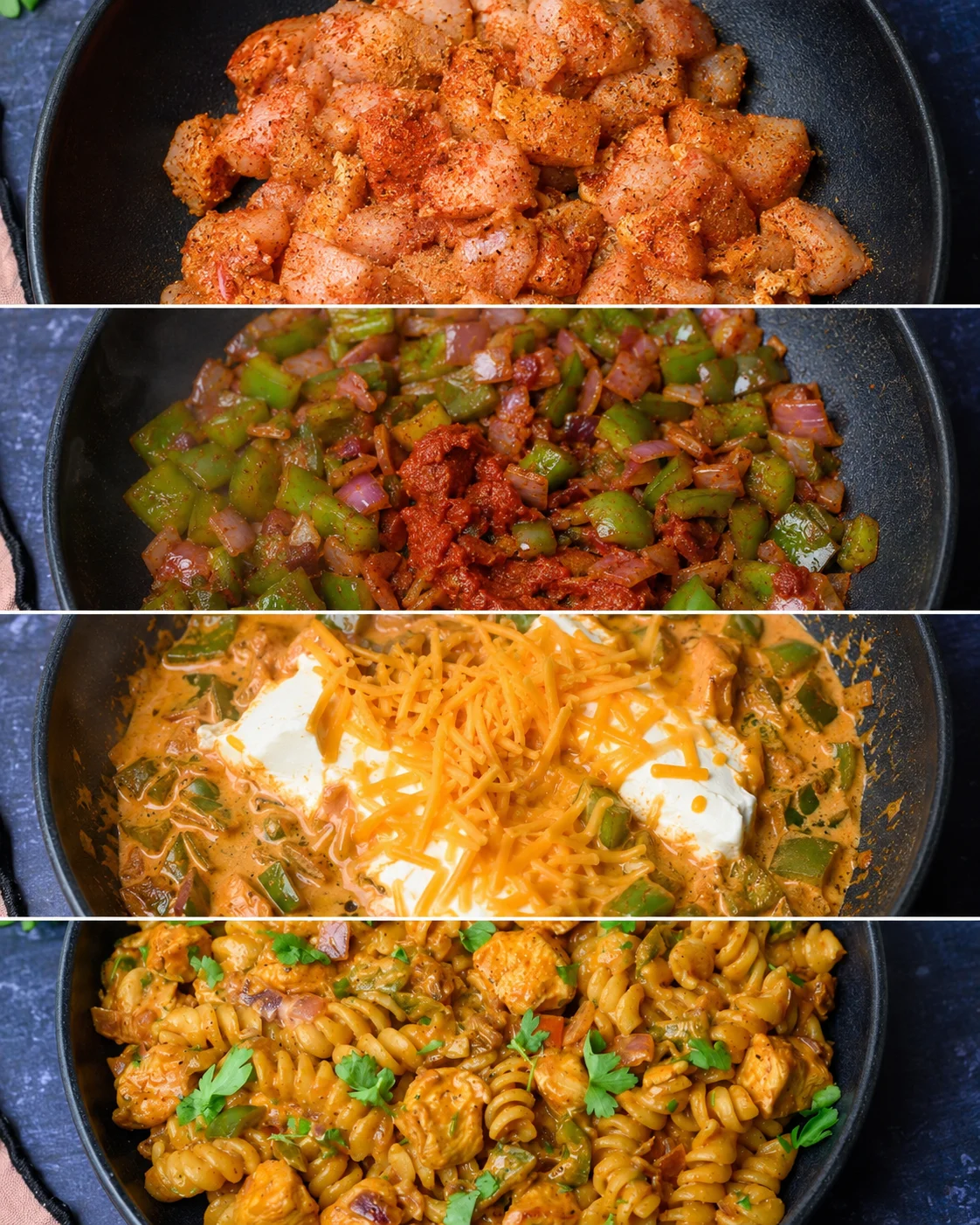 Creamy, flavorful chicken fajita pasta with peppers and cheese shown in a skillet.