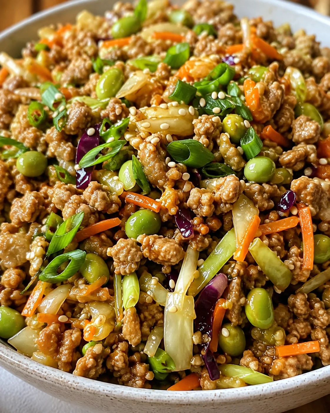 Colorful turkey egg roll in a bowl with vegetables and Asian-inspired flavors