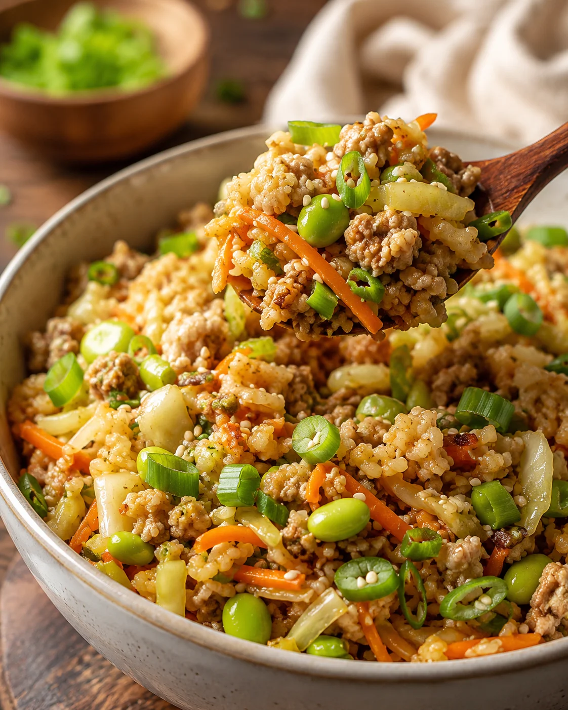 Close-up of a bowl filled with colorful veggie-packed turkey egg roll mixture