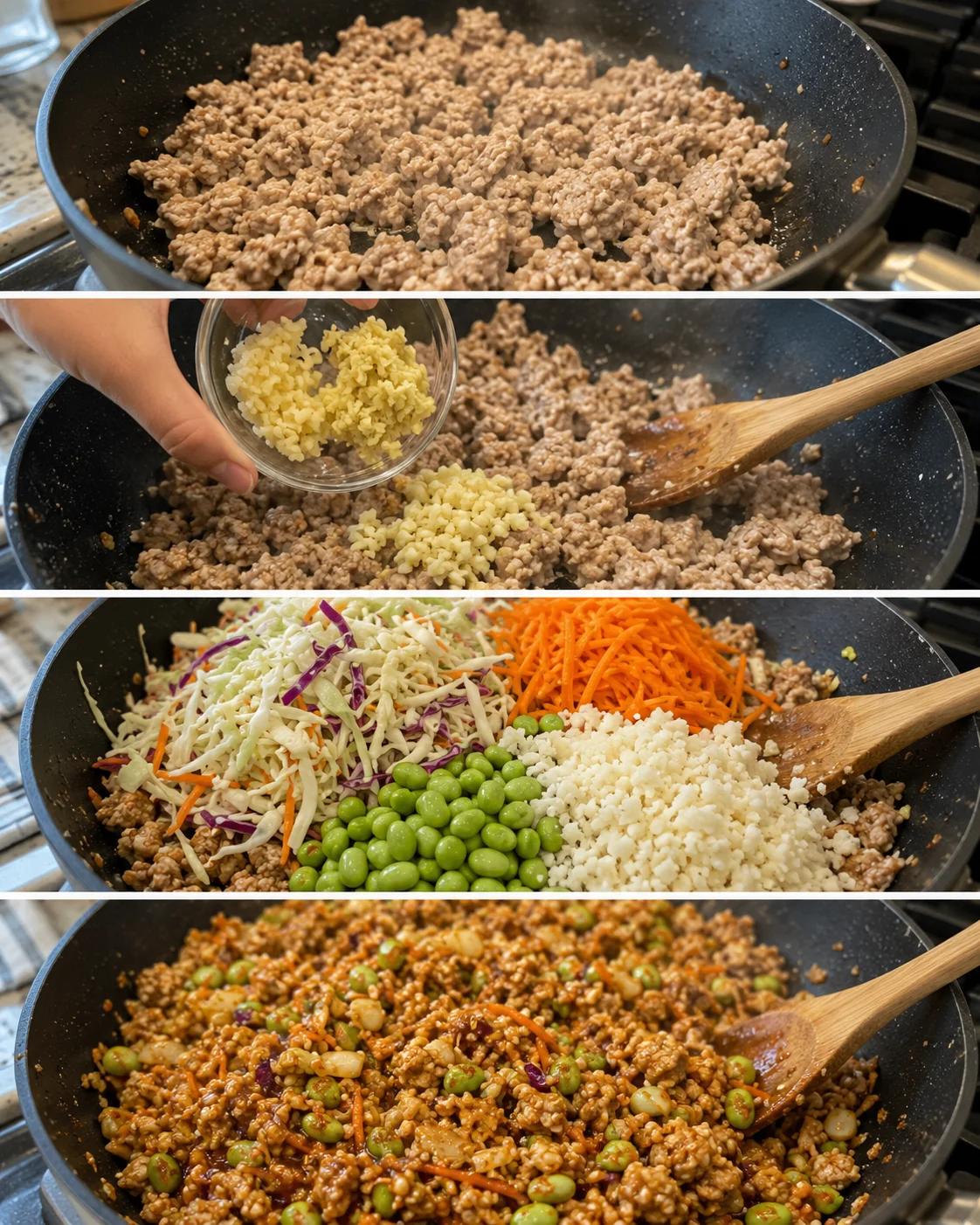 Cooking ground turkey with vegetables and Asian-inspired sauce in a skillet.