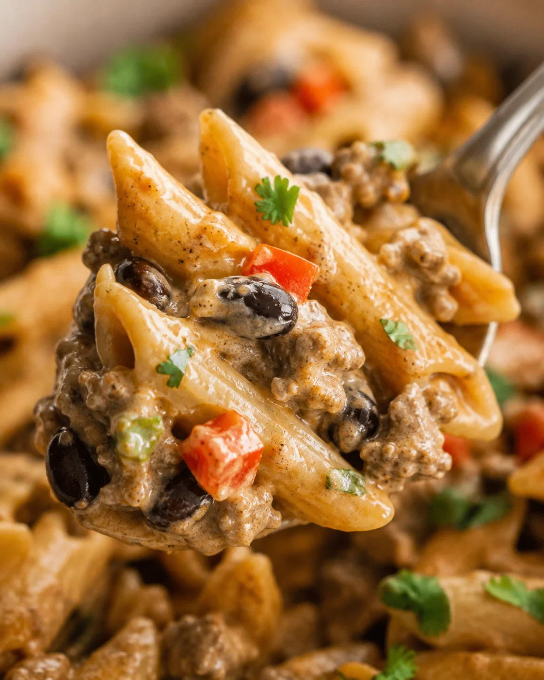 Close-up of creamy taco pasta with beef, black beans, and vegetables in sauce