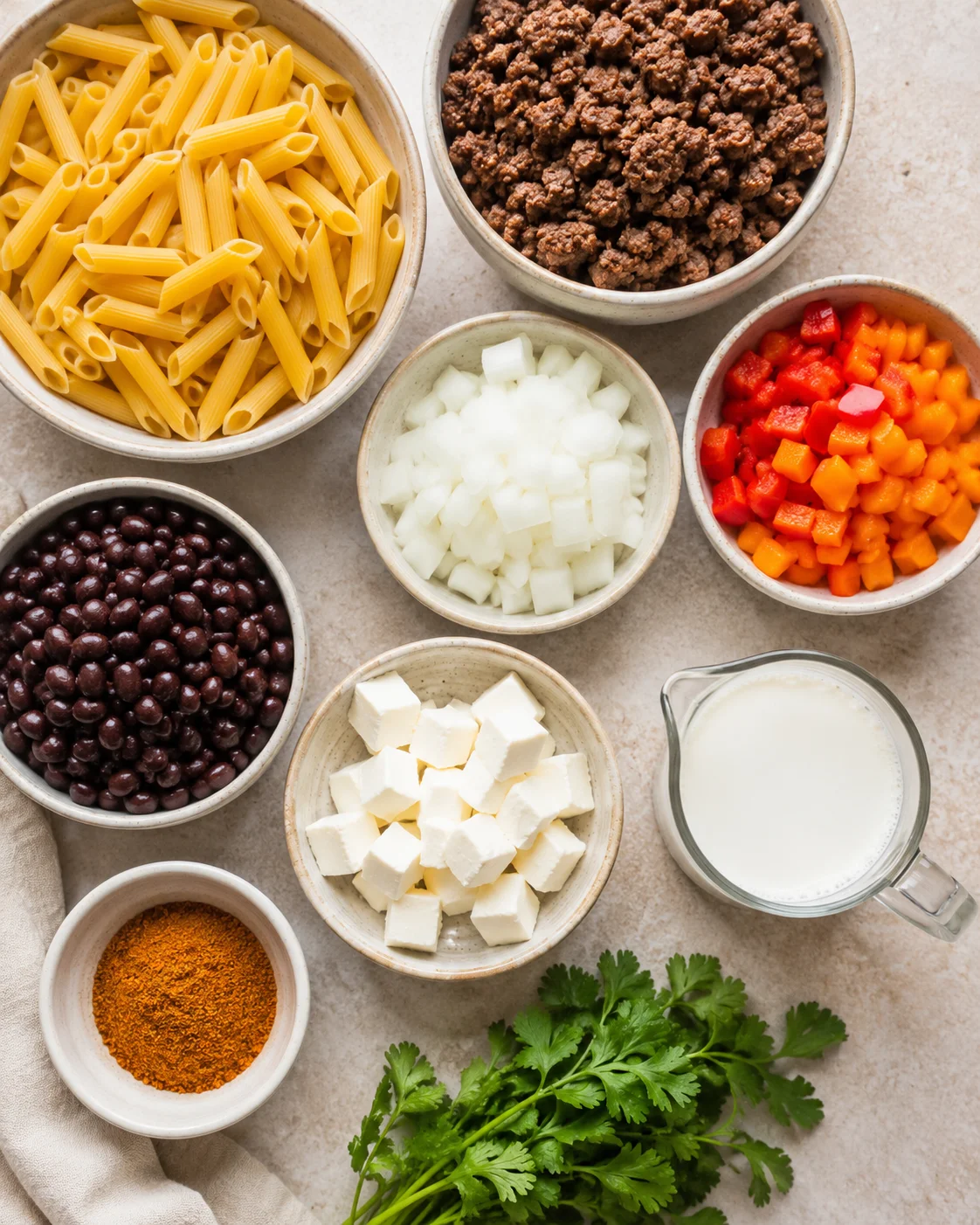 Bowls of cooked pasta, seasoned beef, vegetables, and toppings for taco pasta dish