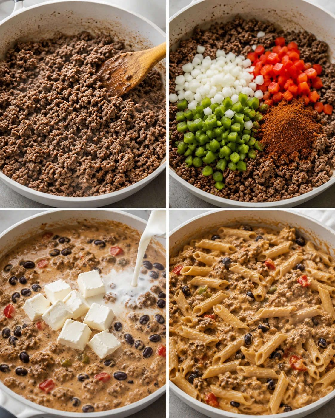 Creamy taco pasta dish with seasoned beef, black beans, and pasta in a rich sauce