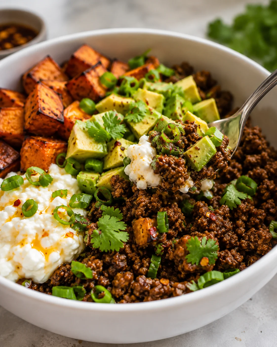 Colorful ground beef and roasted sweet potato in a bowl with avocado and cilantro