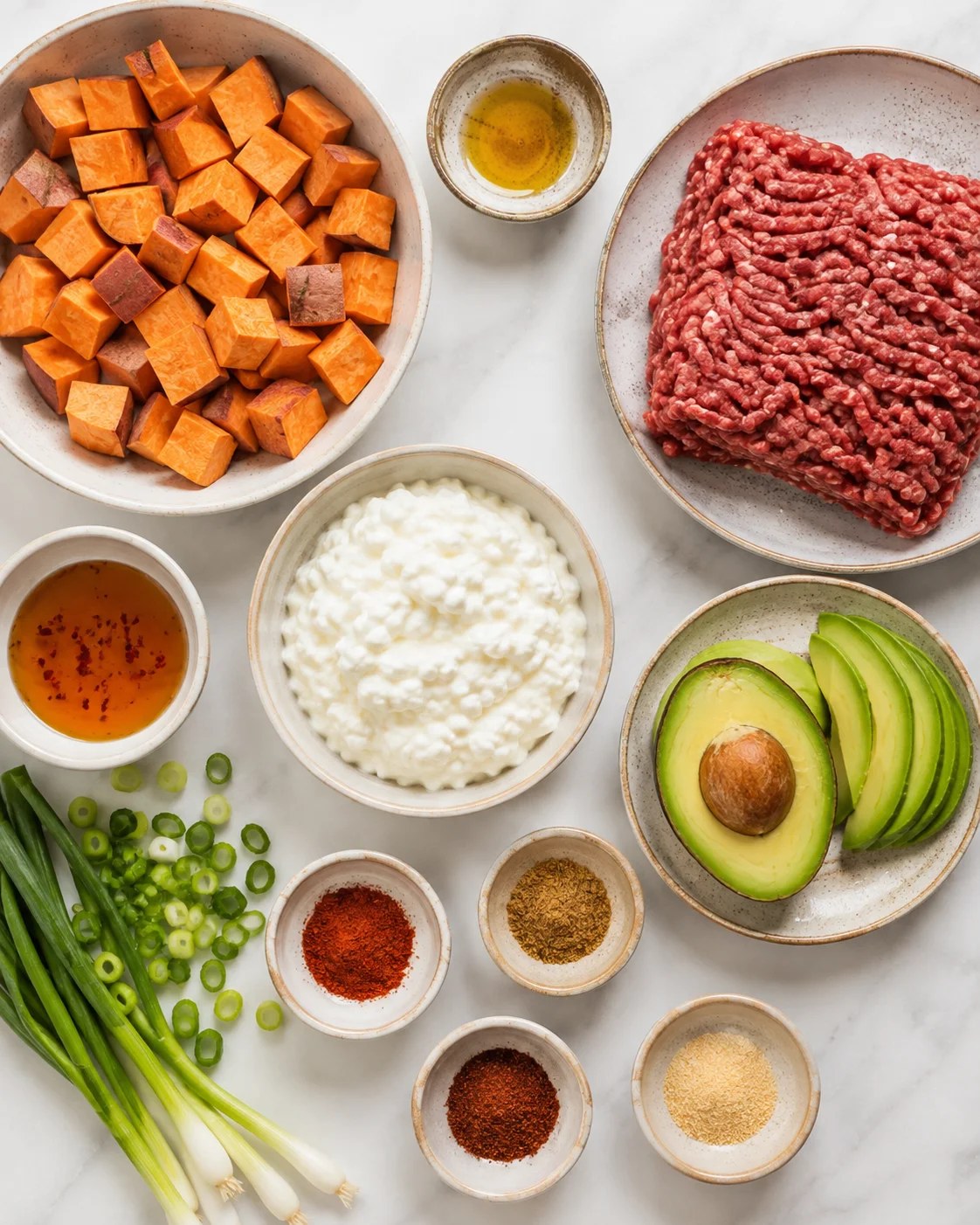 Colorful ingredients for ground beef protein bowl with sweet potatoes and avocado
