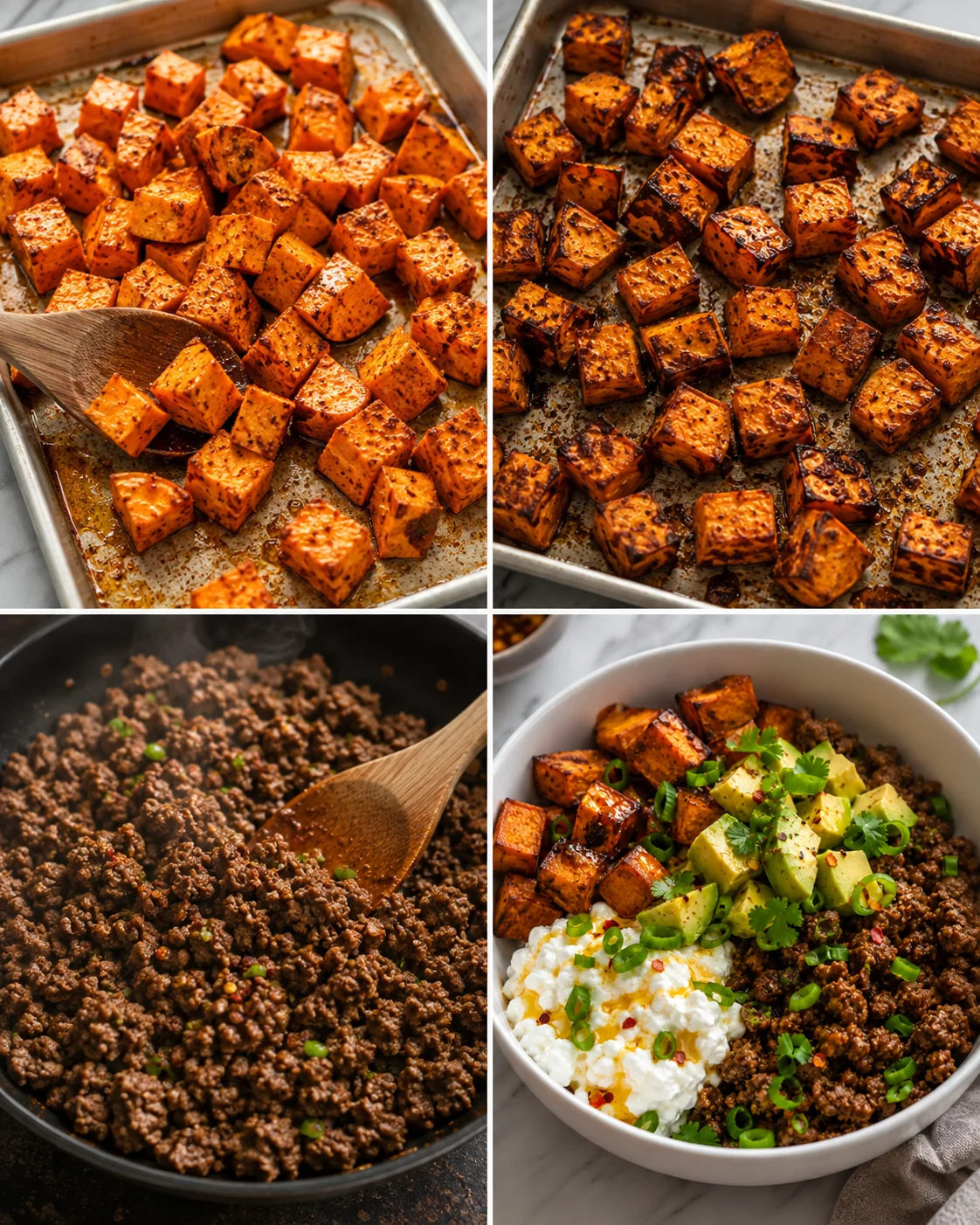 Colorful ground beef and sweet potatoes in a bowl with toppings