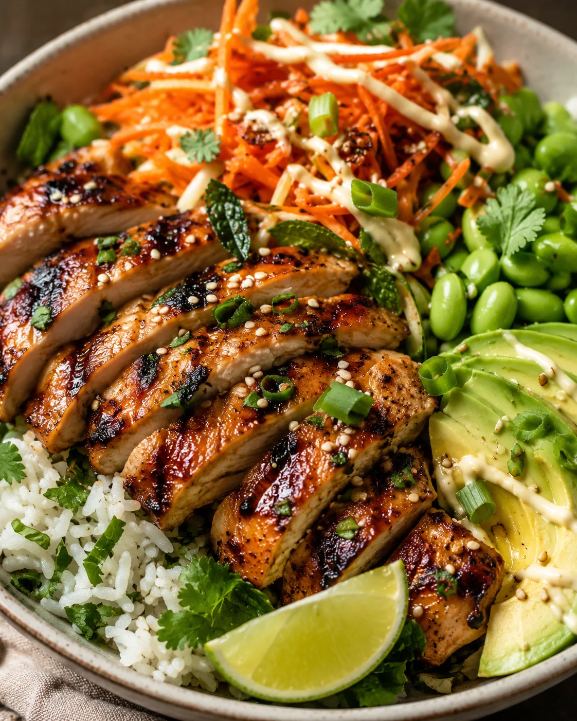 Grilled chicken served with herby rice, vegetables, and avocado in a bowl