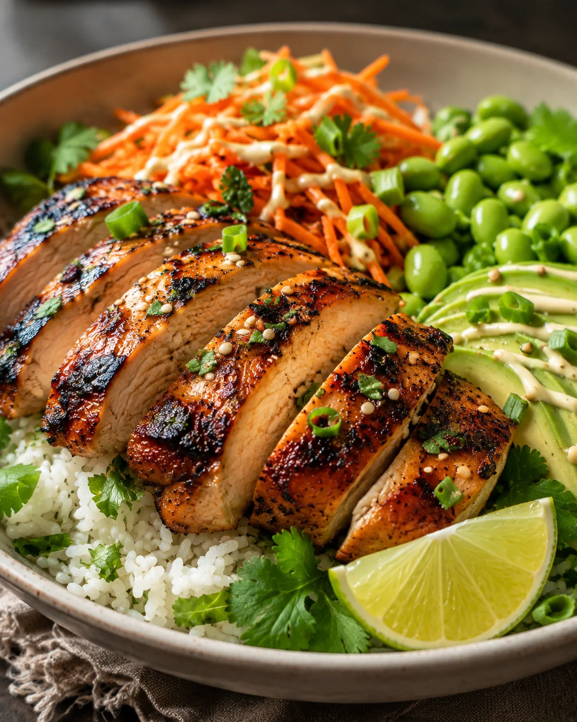 Grilled miso chicken served with herby rice, carrot slaw, and avocado slices