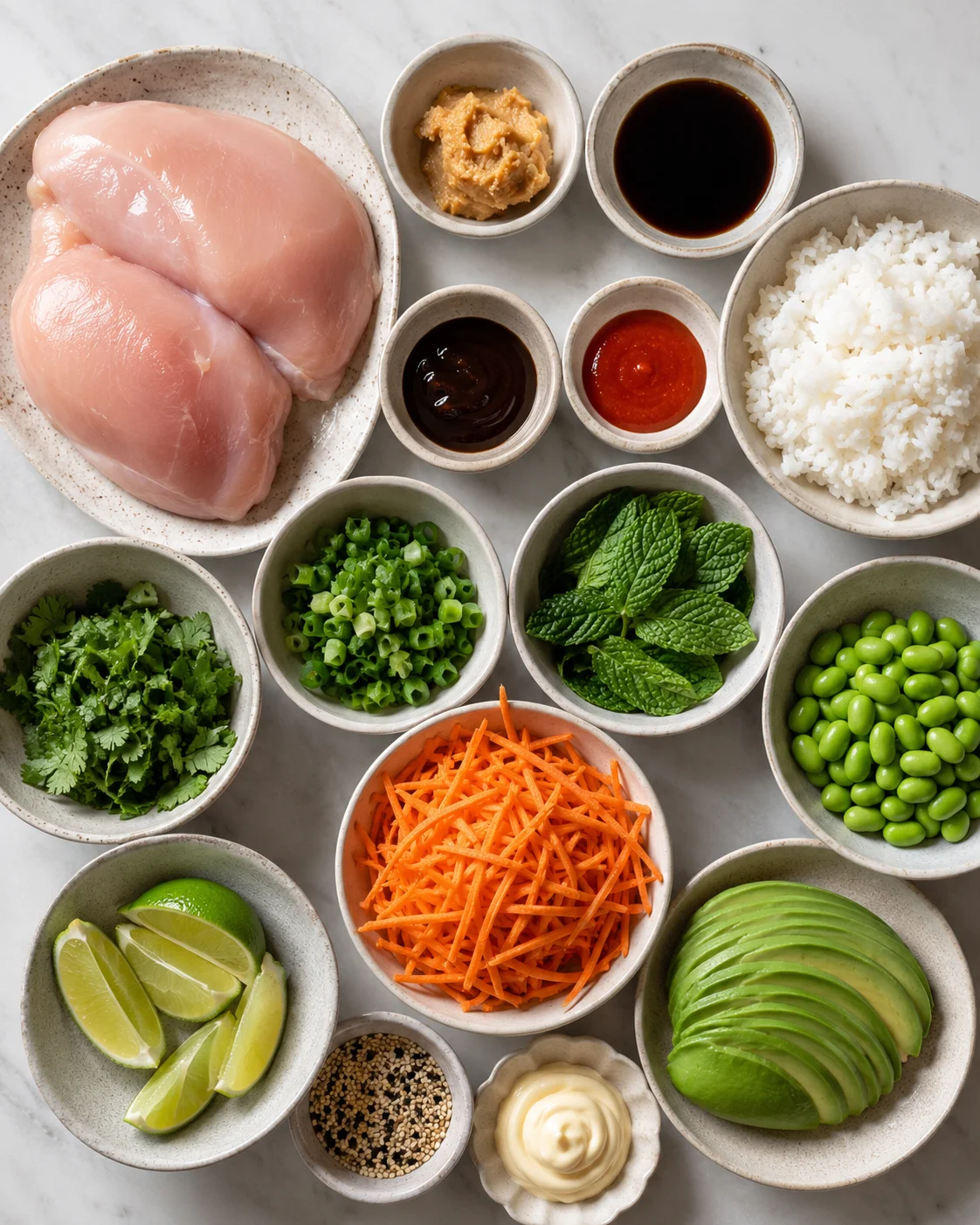 Chicken breasts marinating with miso, surrounded by bowls of fresh vegetables and sauces.