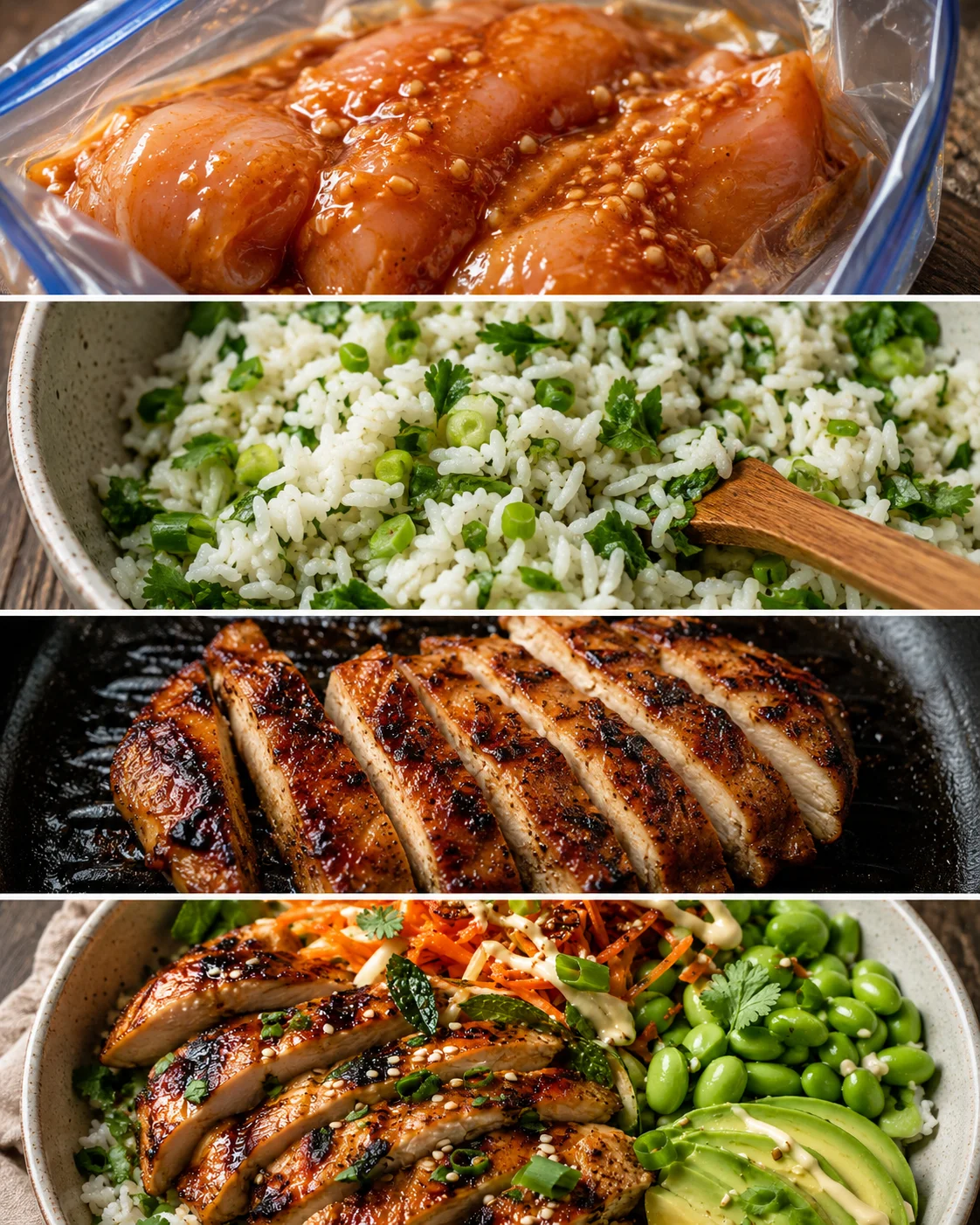 Grilled miso chicken served with herby rice, carrot slaw, and avocado